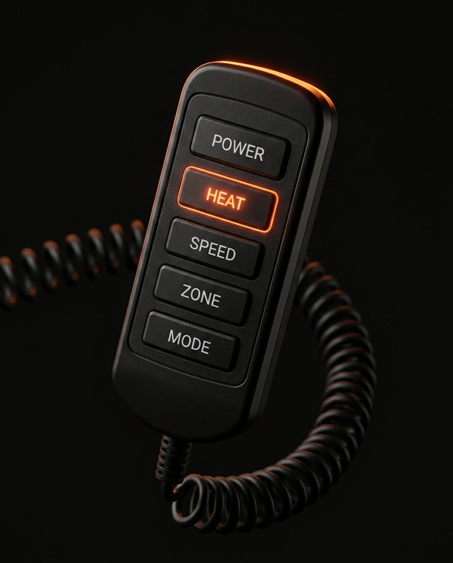 Macro of the cushion remote with power, heat, speed, zone and mode buttons