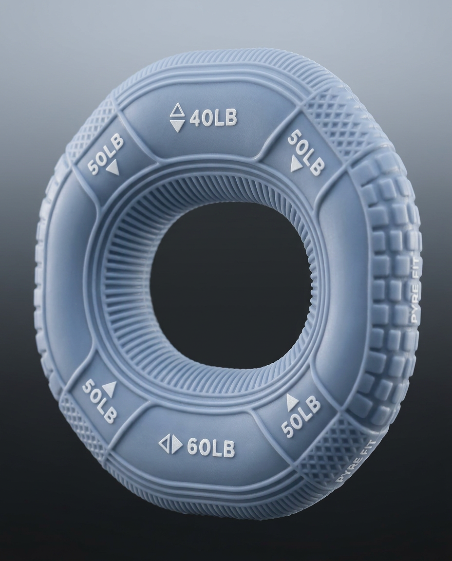 Macro of embossed 40 to 60 pound resistance marks on blue-gray grip ring