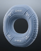Macro of embossed 40 to 60 pound resistance marks on blue-gray grip ring
