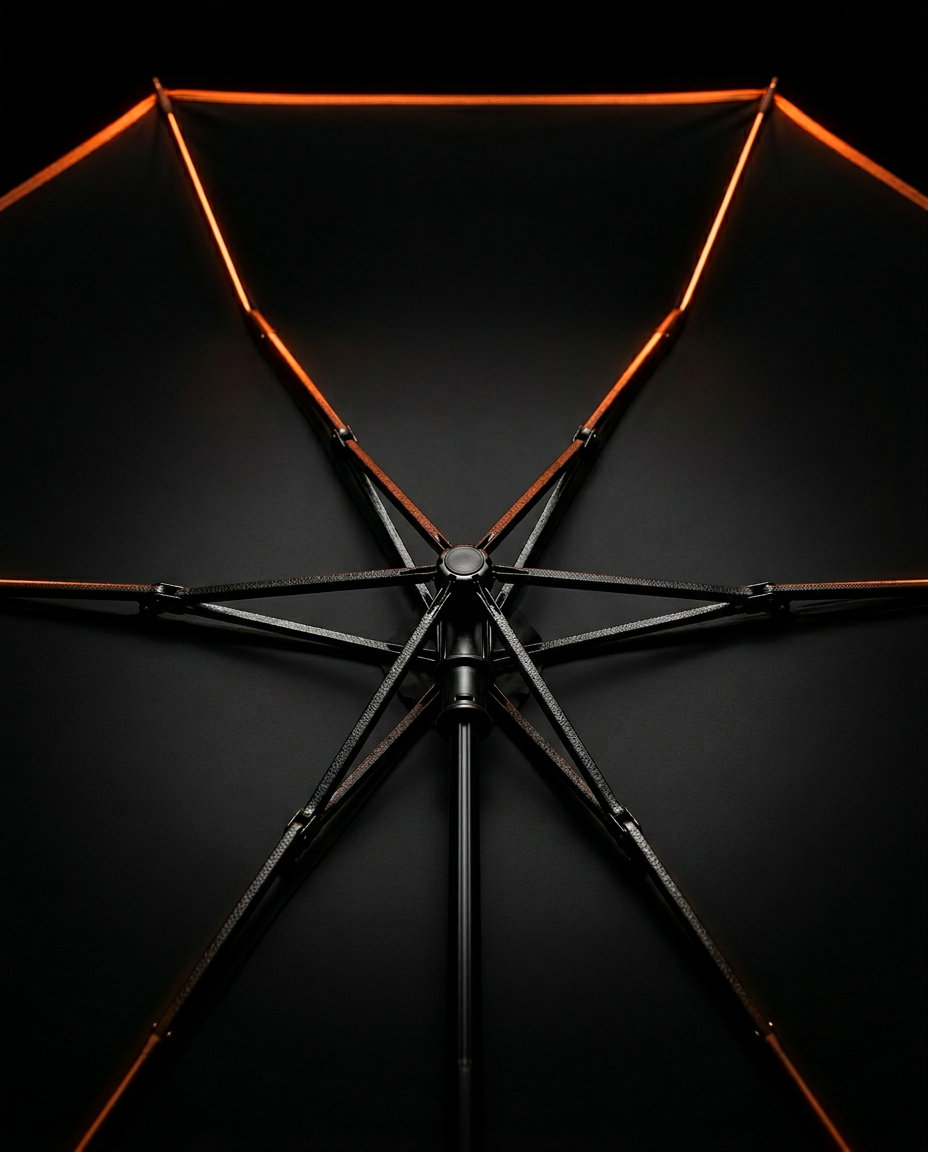 Underside of the open umbrella showing the black six-rib metal frame
