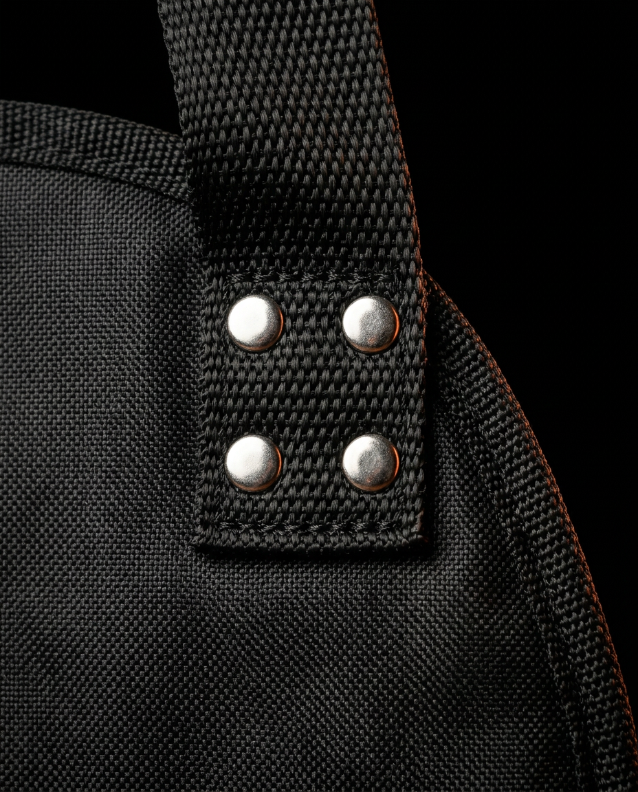 Macro of the steel rivets and reinforced stitching on the foot hammock