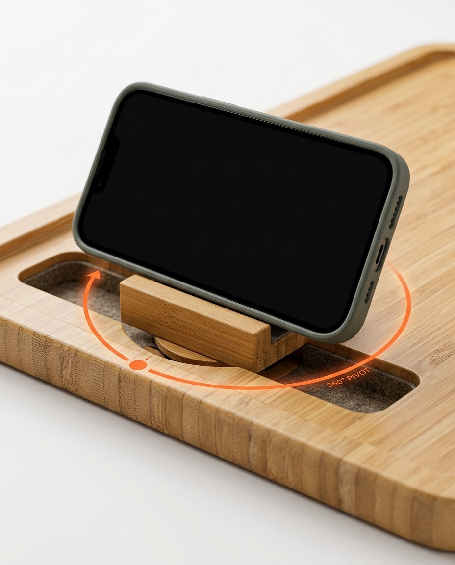Phone standing in the 360-degree rotating slot of the bamboo arm tray