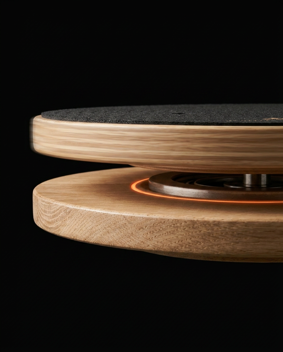 Close-up of the rotating pivot mechanism between the two wooden discs
