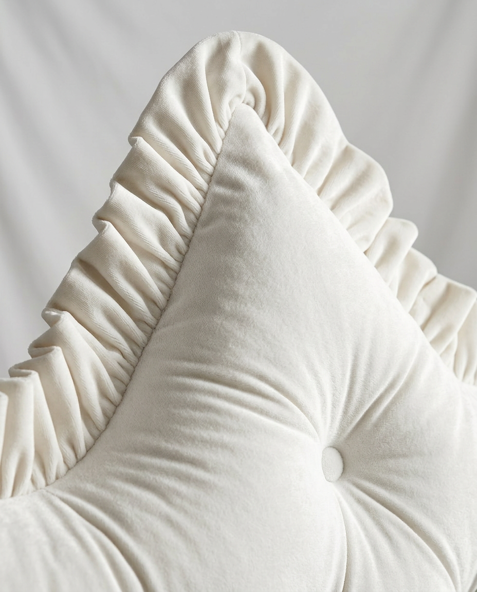 Macro of the pleated ruffle crown edge on the cream velvet backrest cushion