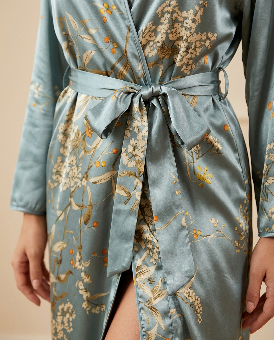 Close-up of the satin robe's tied sash belt over the floral print