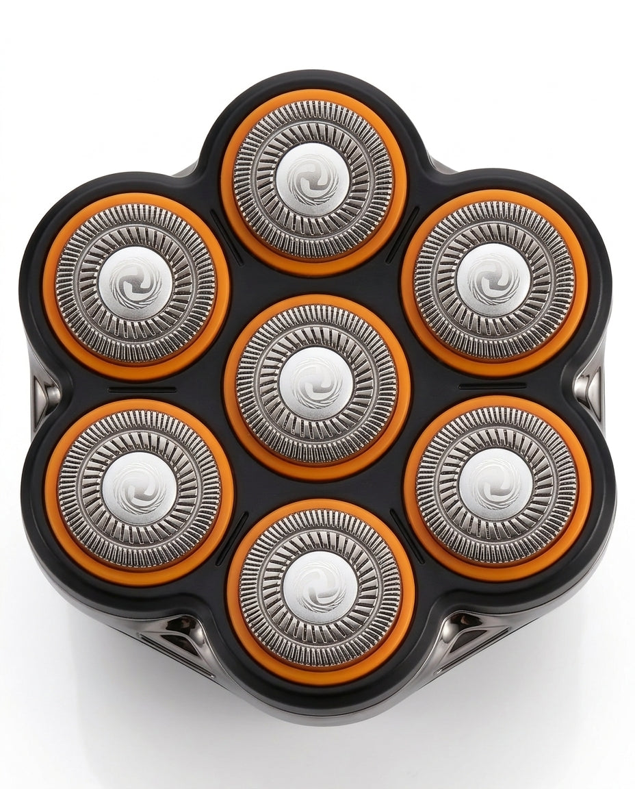 Top-down macro of the seven rotary blade heads with orange rings on the shaver