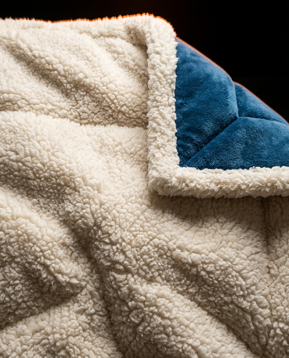 Macro of the fluffy cream sherpa reverse folded against the navy quilted face