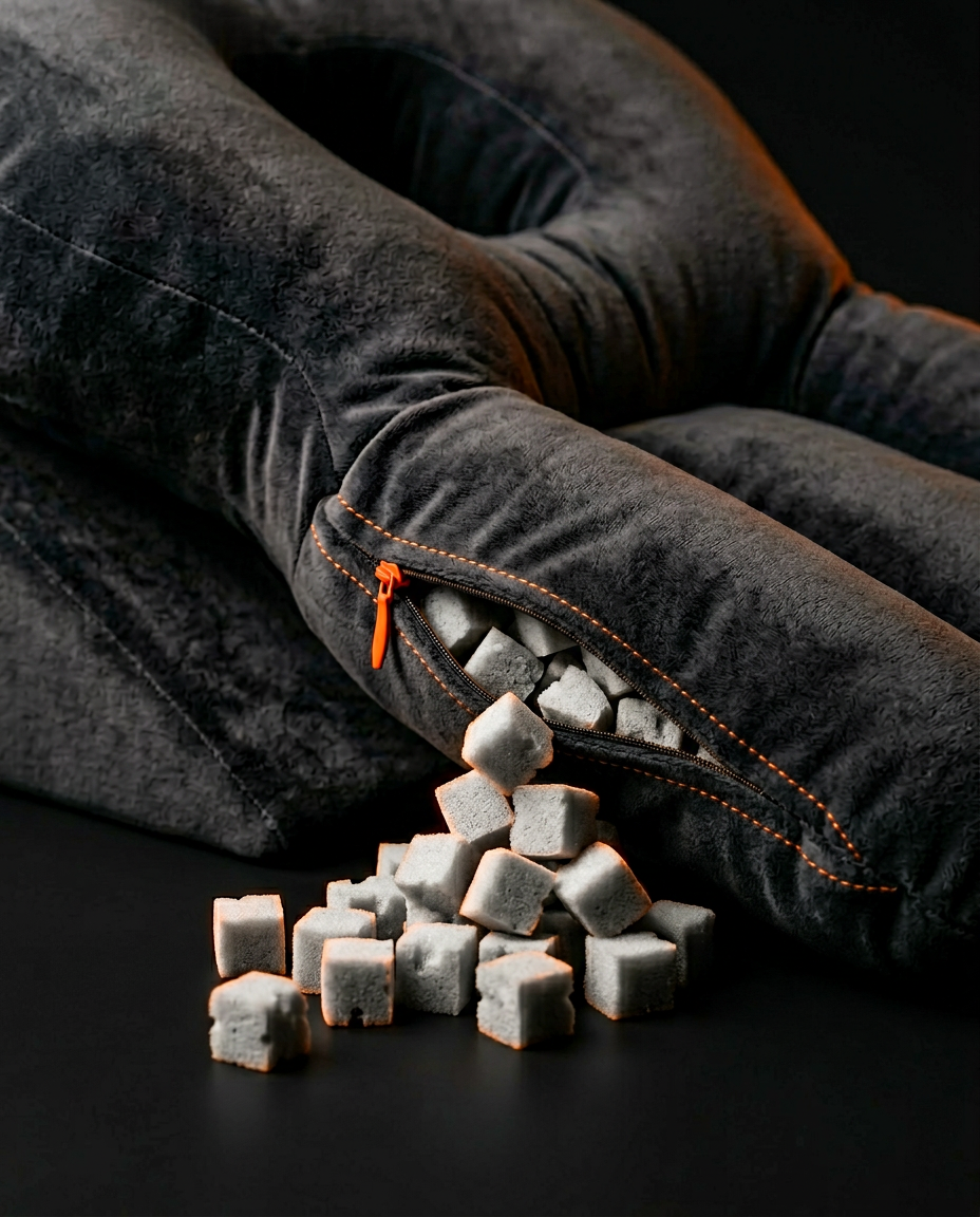 Shredded memory foam cubes spilling from the unzipped support pillow