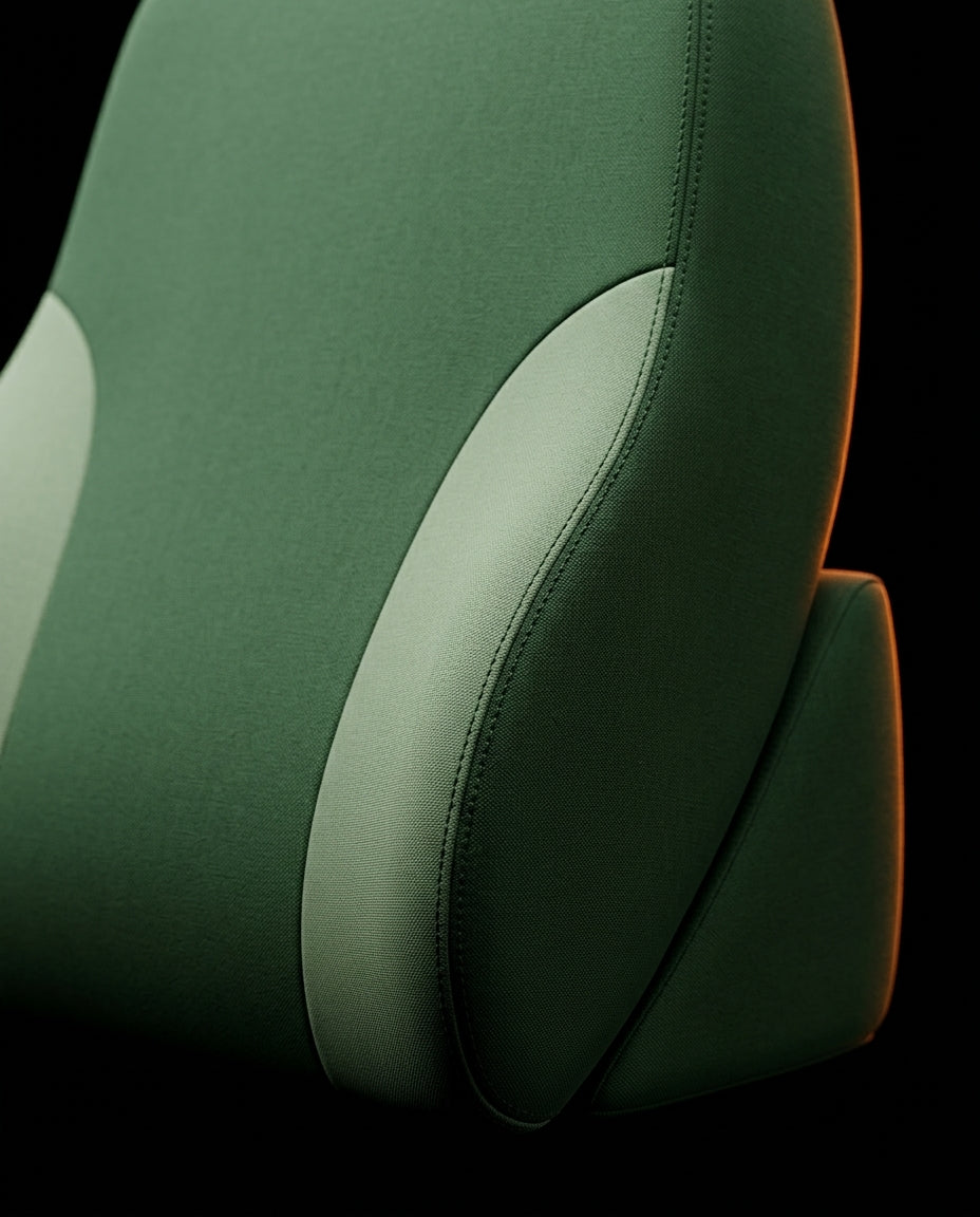 Close-up of green structured side bolster with contour stitching
