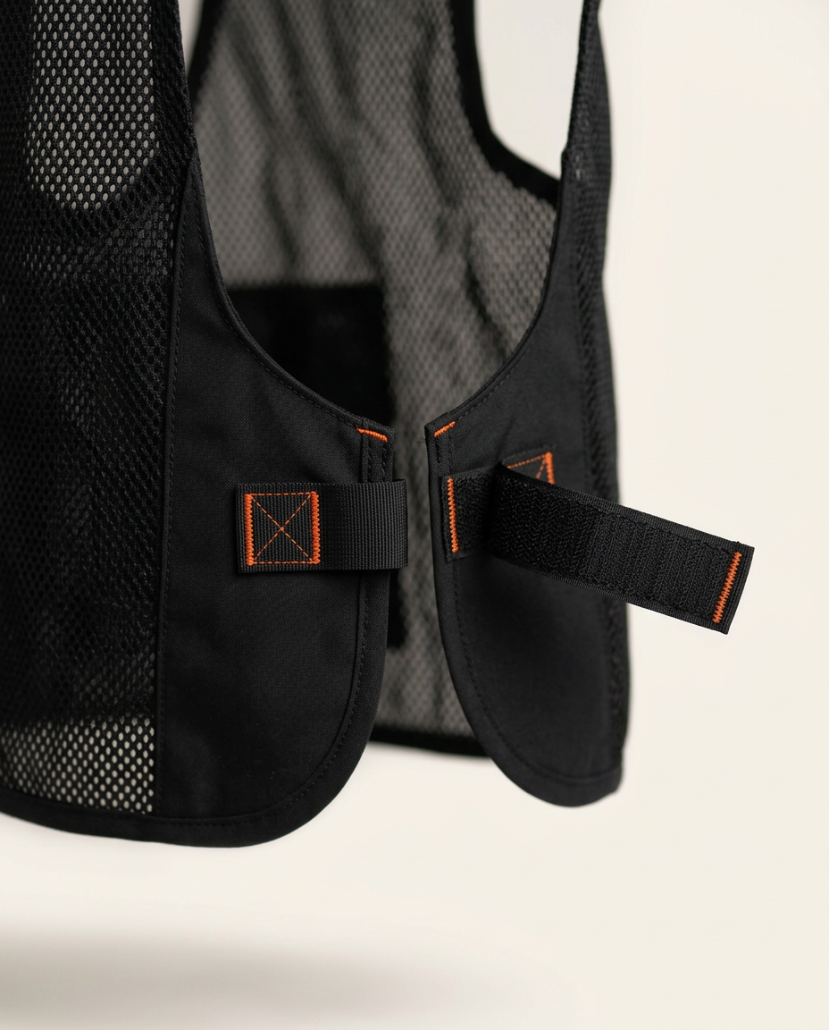 Close-up of adjustable side strap closure with orange-stitched buckle on the vest