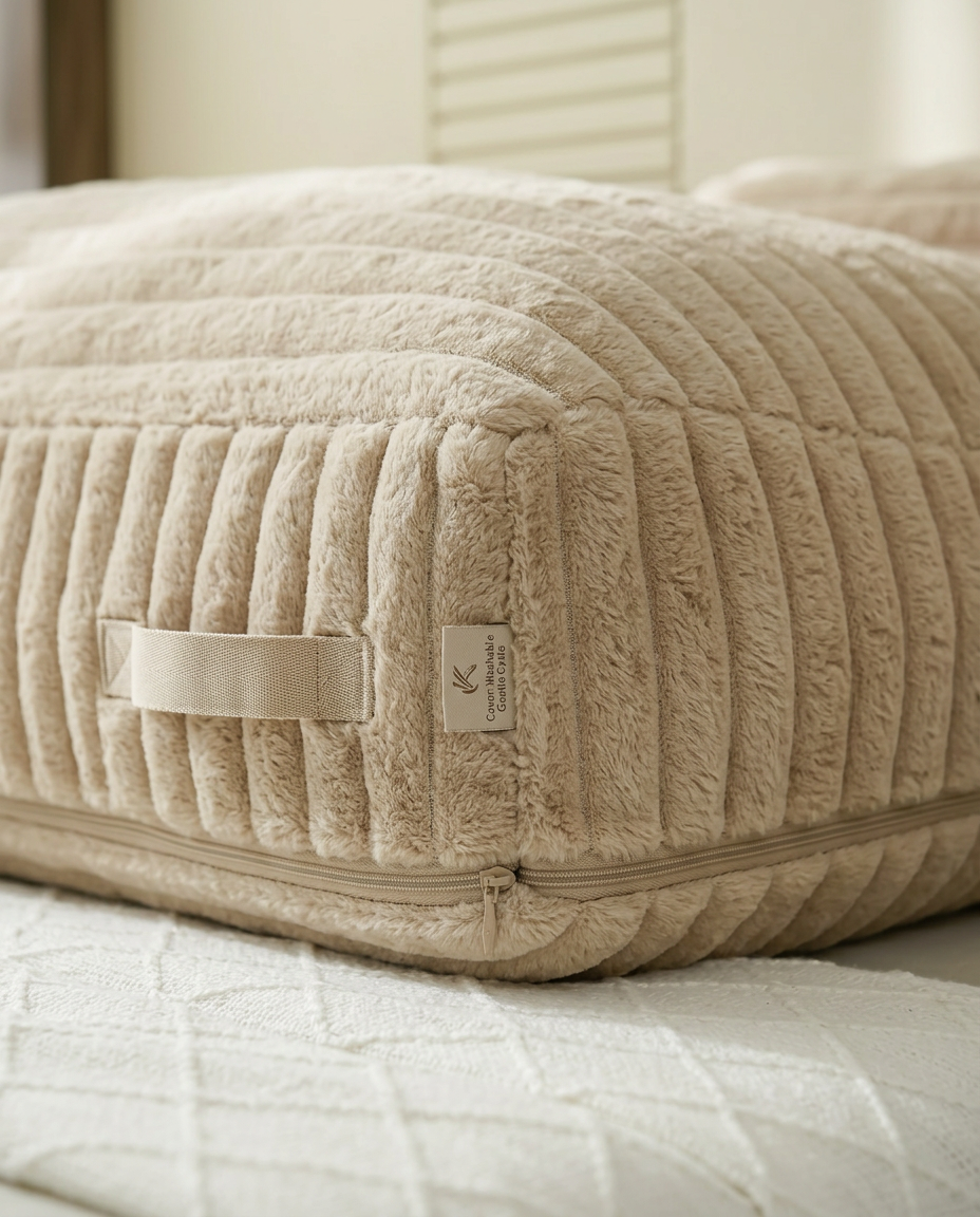 Detail of the side carry handle and zipper on the beige reading wedge pillow