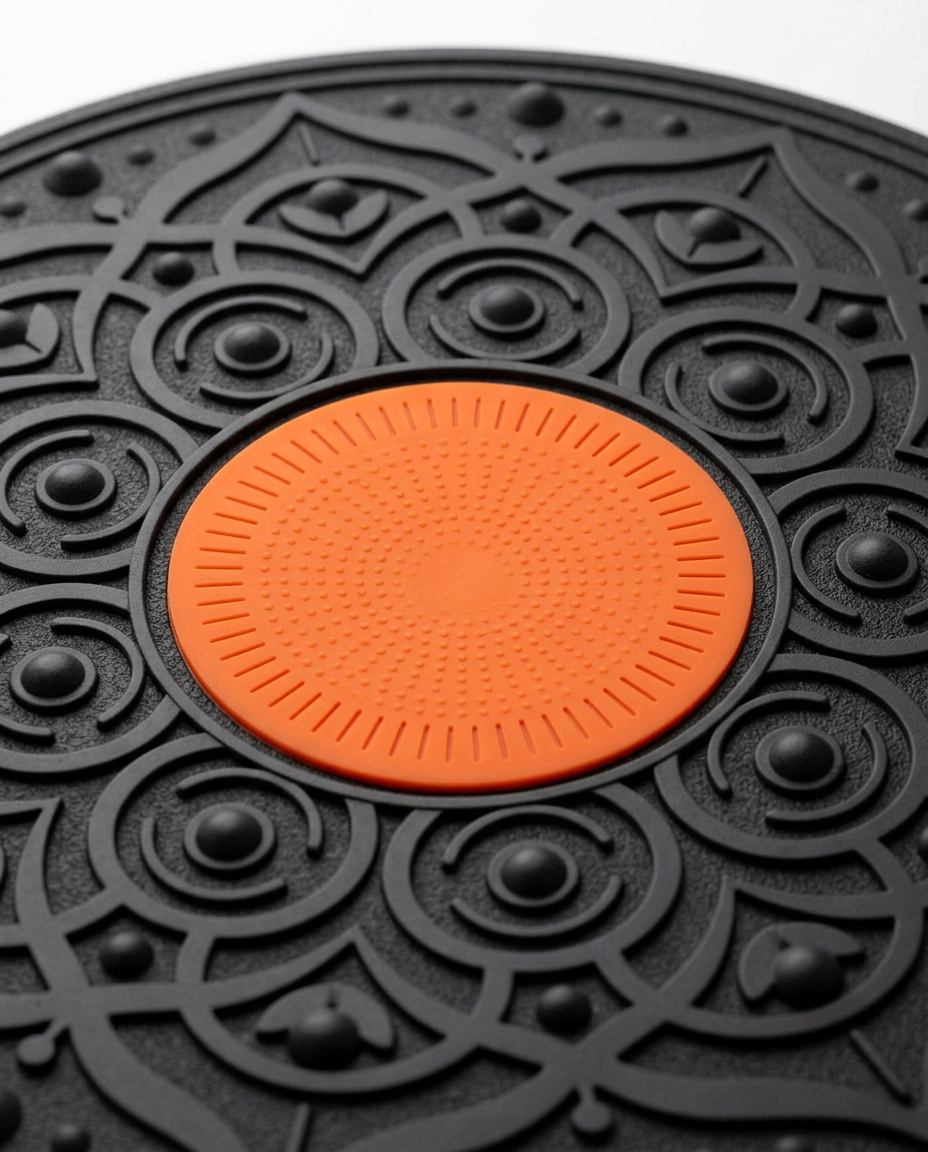 Macro of the orange non-slip silicone grip pad at the board's center