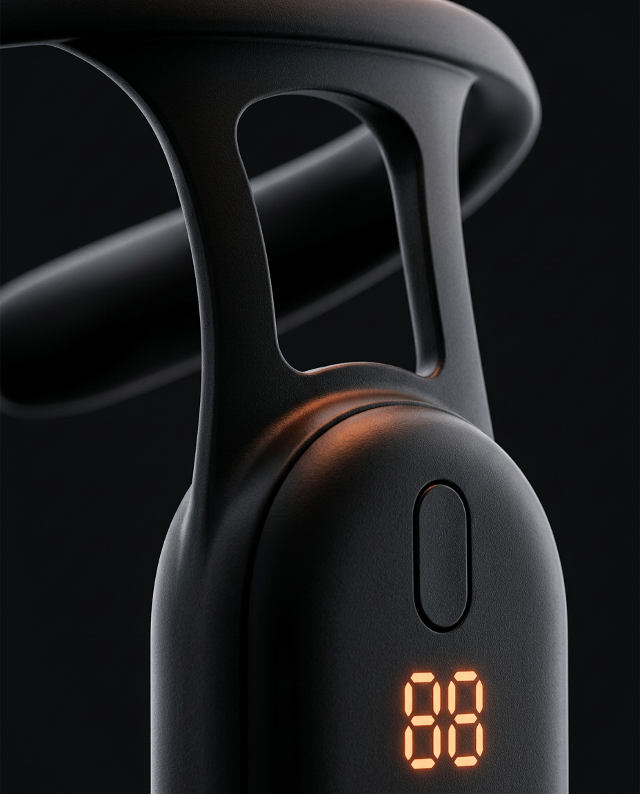 Macro of the smooth black silicone neckband texture and pendant button