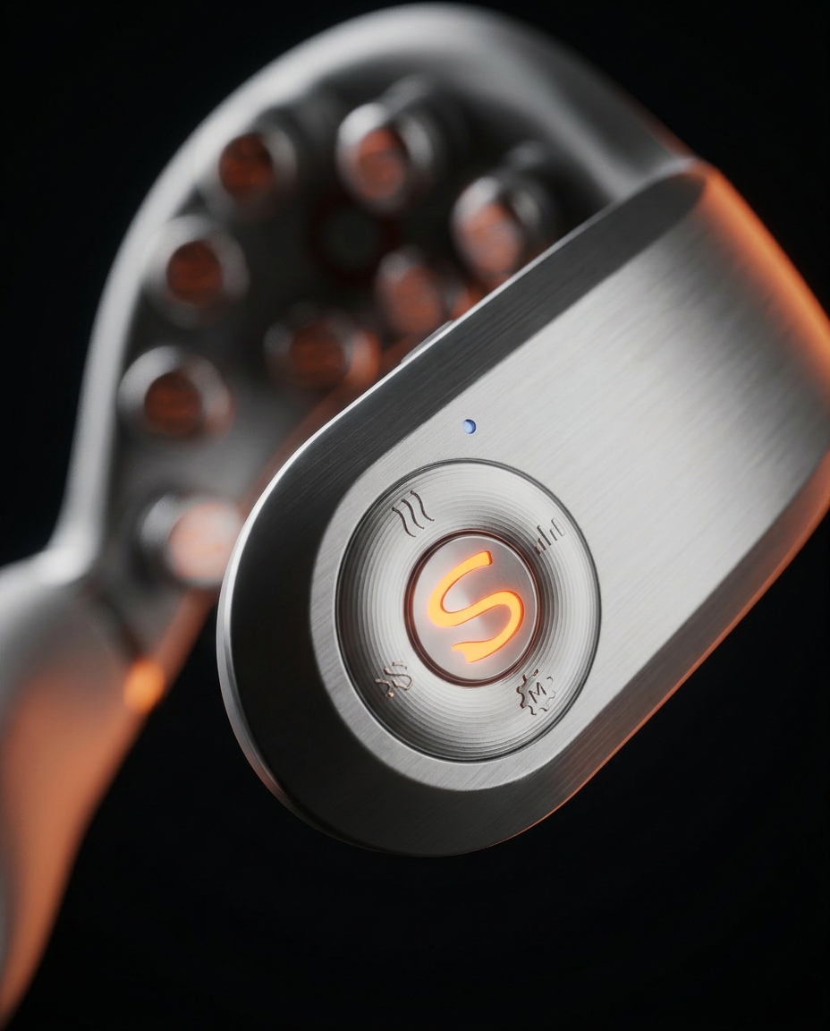 Close-up of the brushed-metal smart control disc on the neck massager