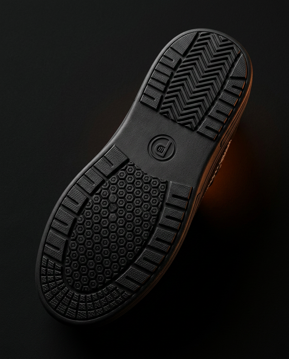 Non-slip rubber outsole of the heated slipper, sole-up on black