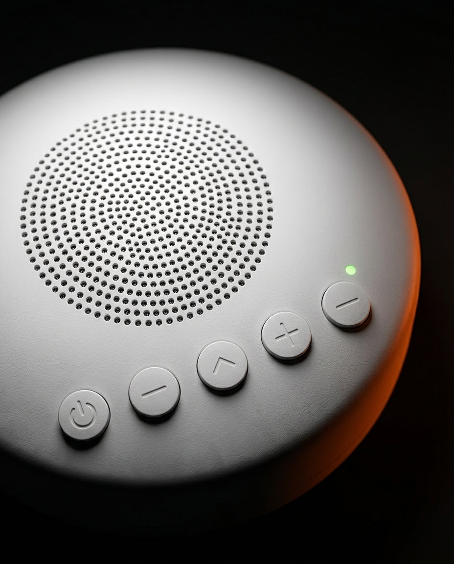 Close-up of the perforated speaker grille and control buttons on top