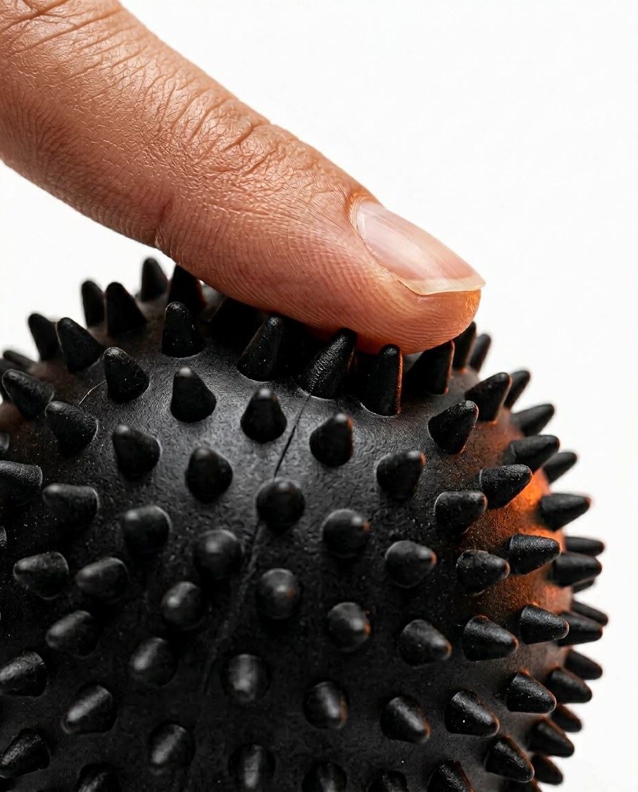 Fingertip pressing into the spikes of a black massage ball to show give