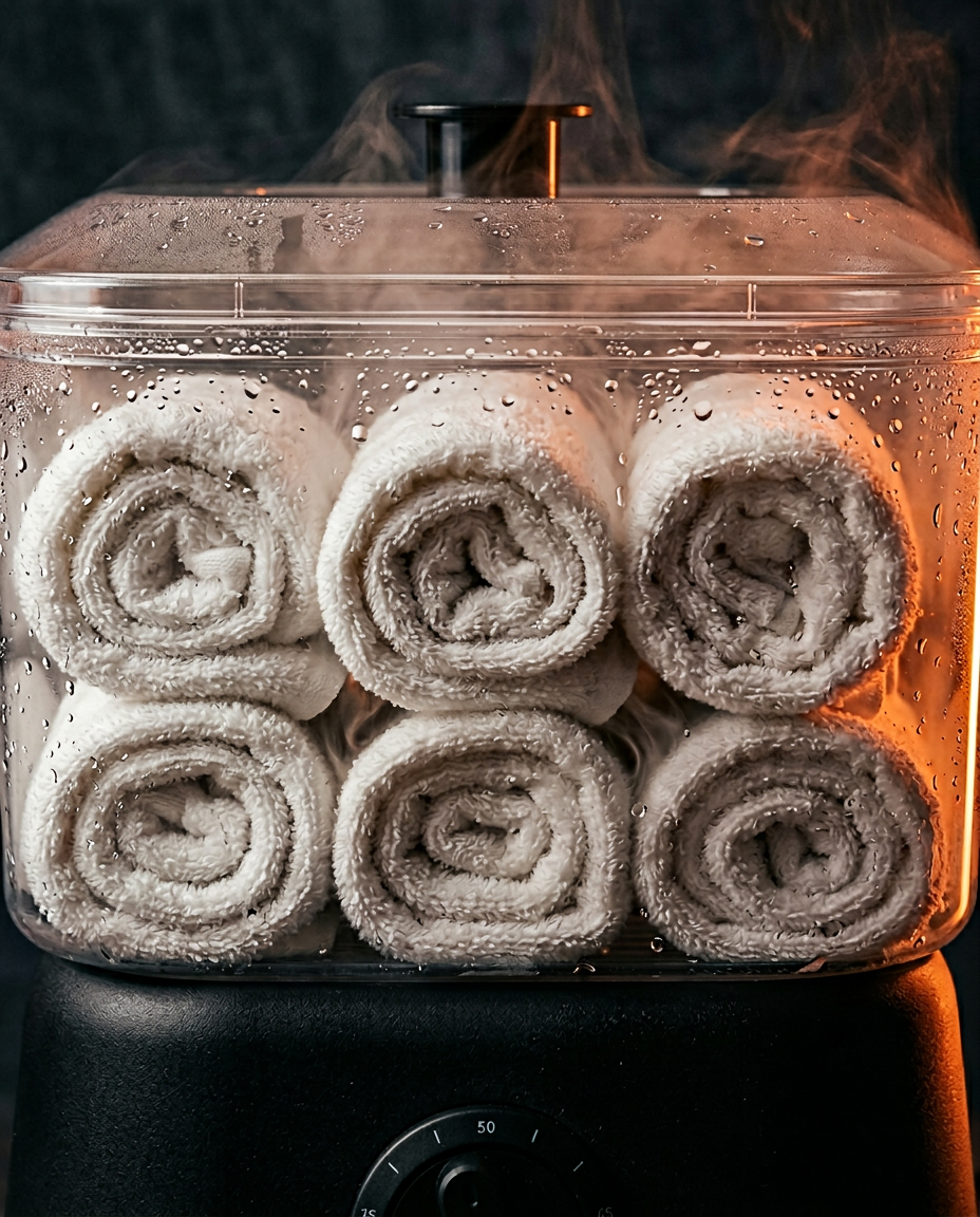 Close-up of rolled towels steaming inside the warmer's clear chamber