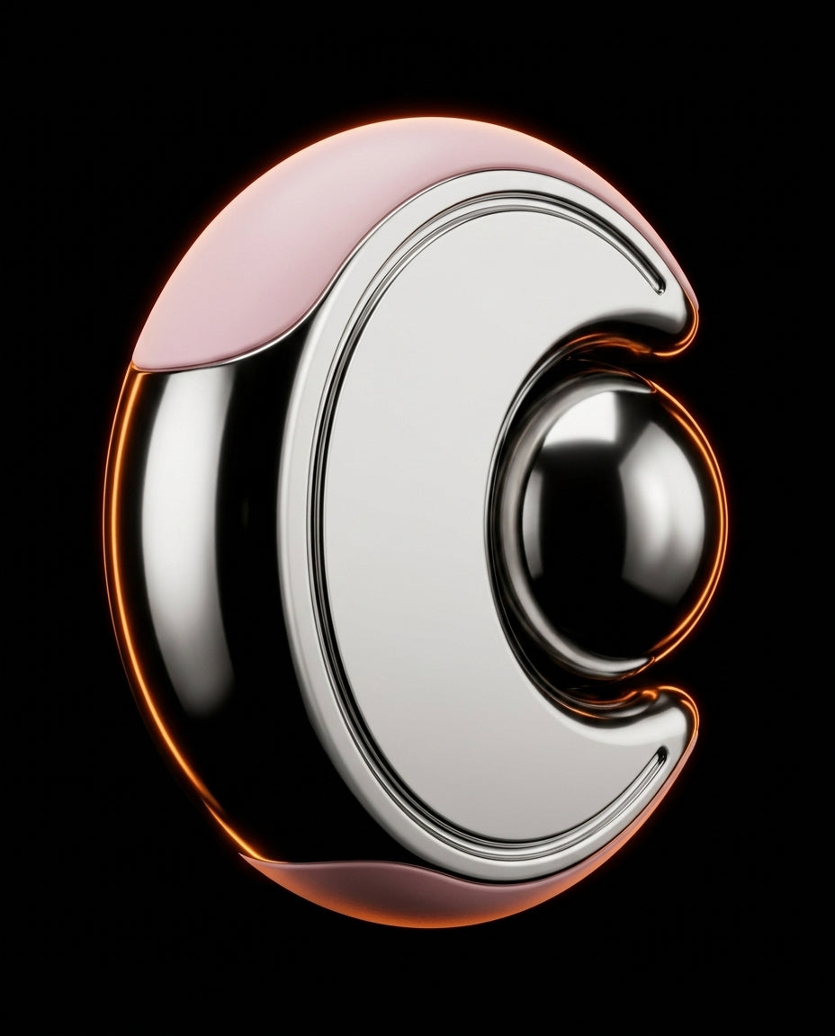 Studio shot of the chrome facial reset tool with pink trim glowing on black