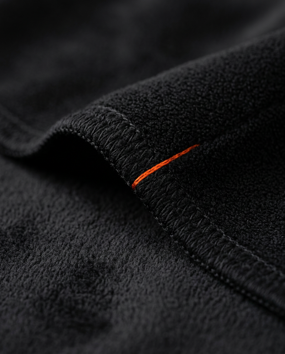 Macro of the stitched edge with orange accent tab on black fleece
