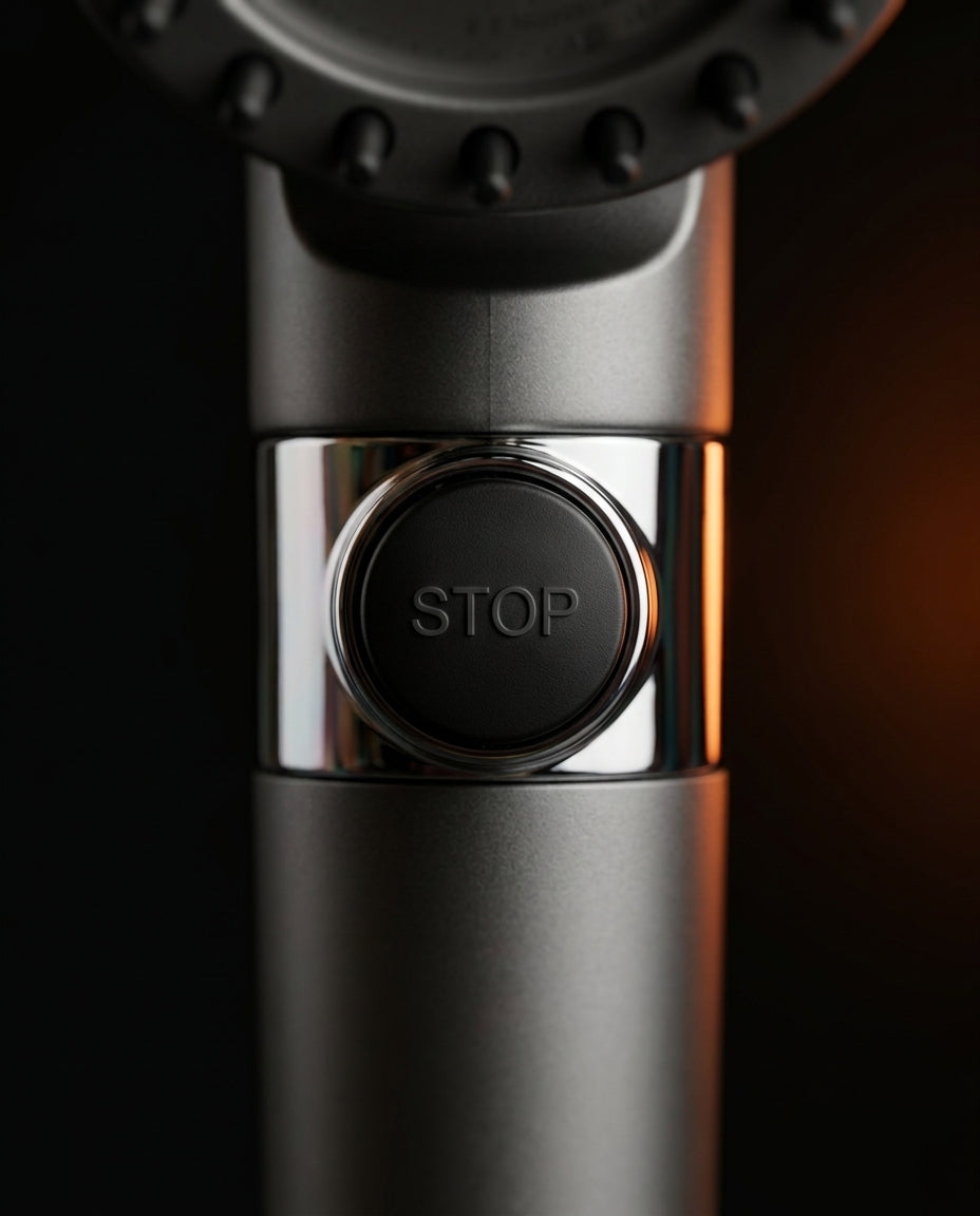 Macro of the shower head's chrome-rimmed STOP water-pause button