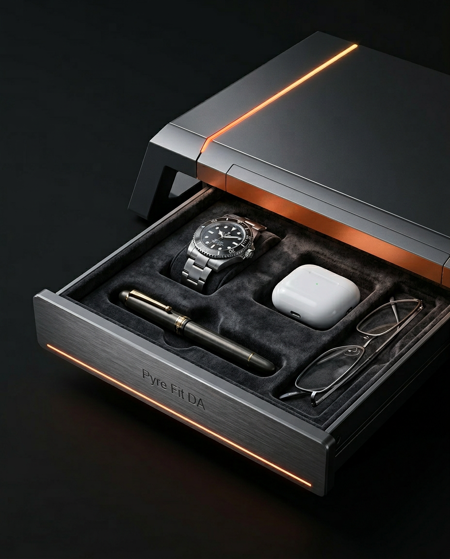 Open storage drawer of the monitor stand holding a watch, glasses and pen