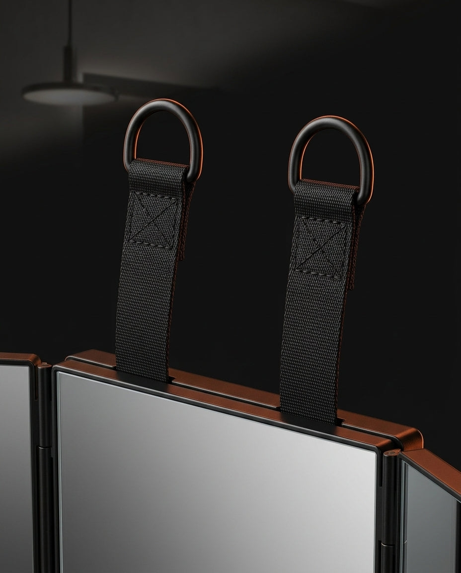 Macro of the two hanging straps and D-ring hooks atop the folding mirror