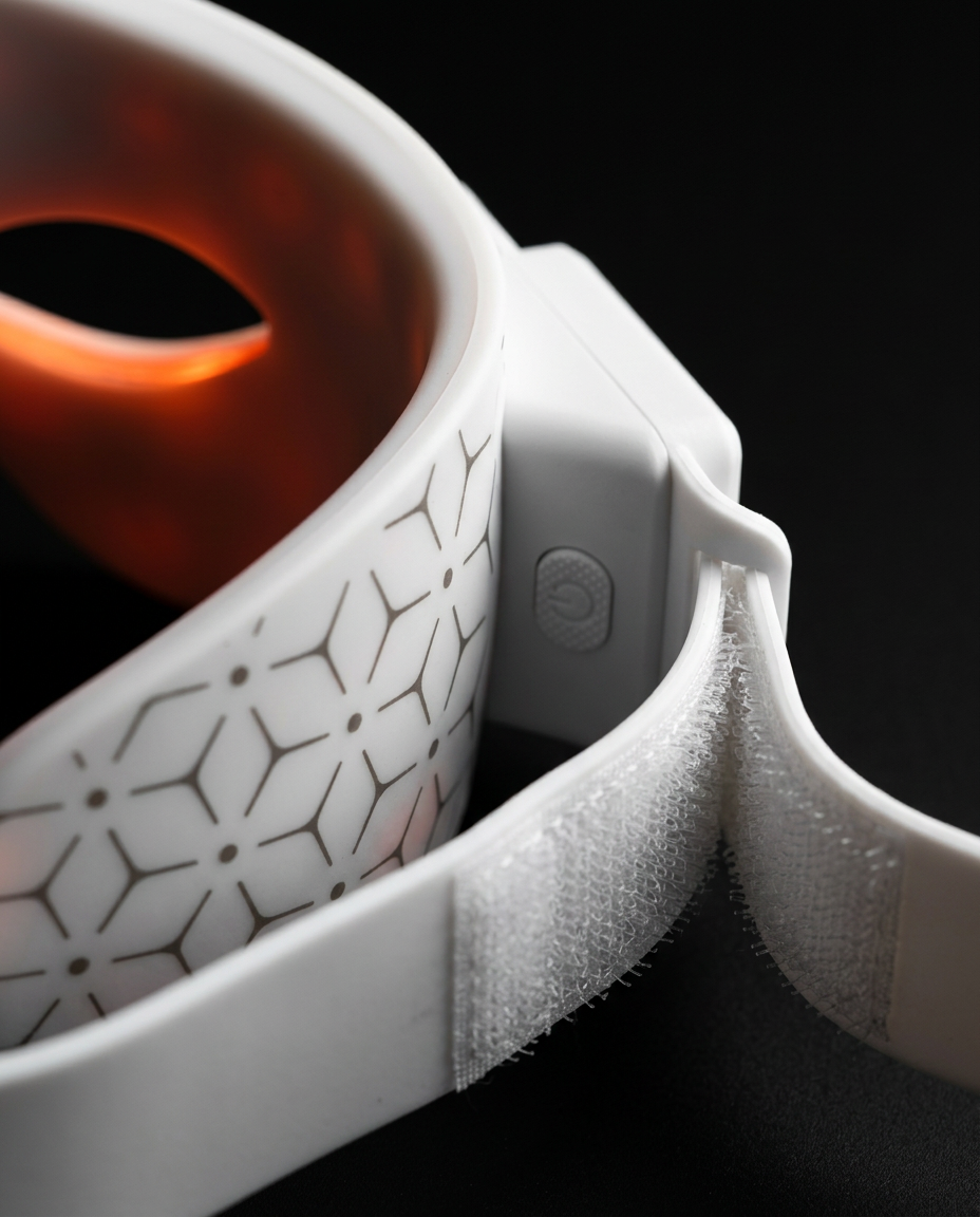 Close-up of the silicone adjustable strap and buckle on the eye mask