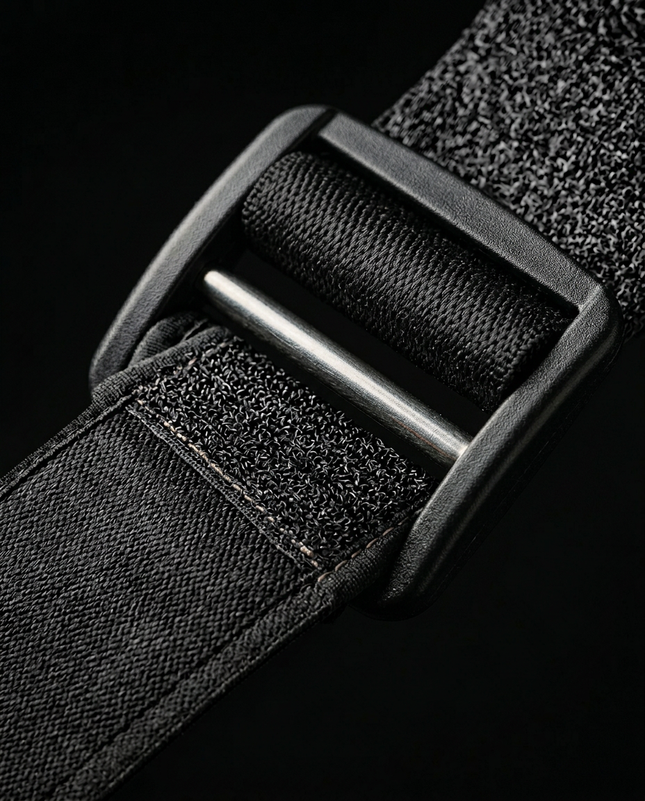 Close-up of the adjustable Velcro strap and buckle on the shoulder wrap