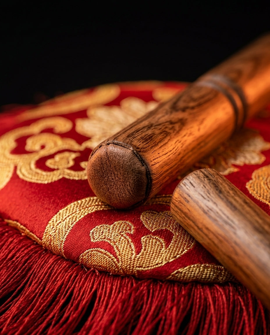 Close-up of the wooden strikers resting on the red and gold silk cushion