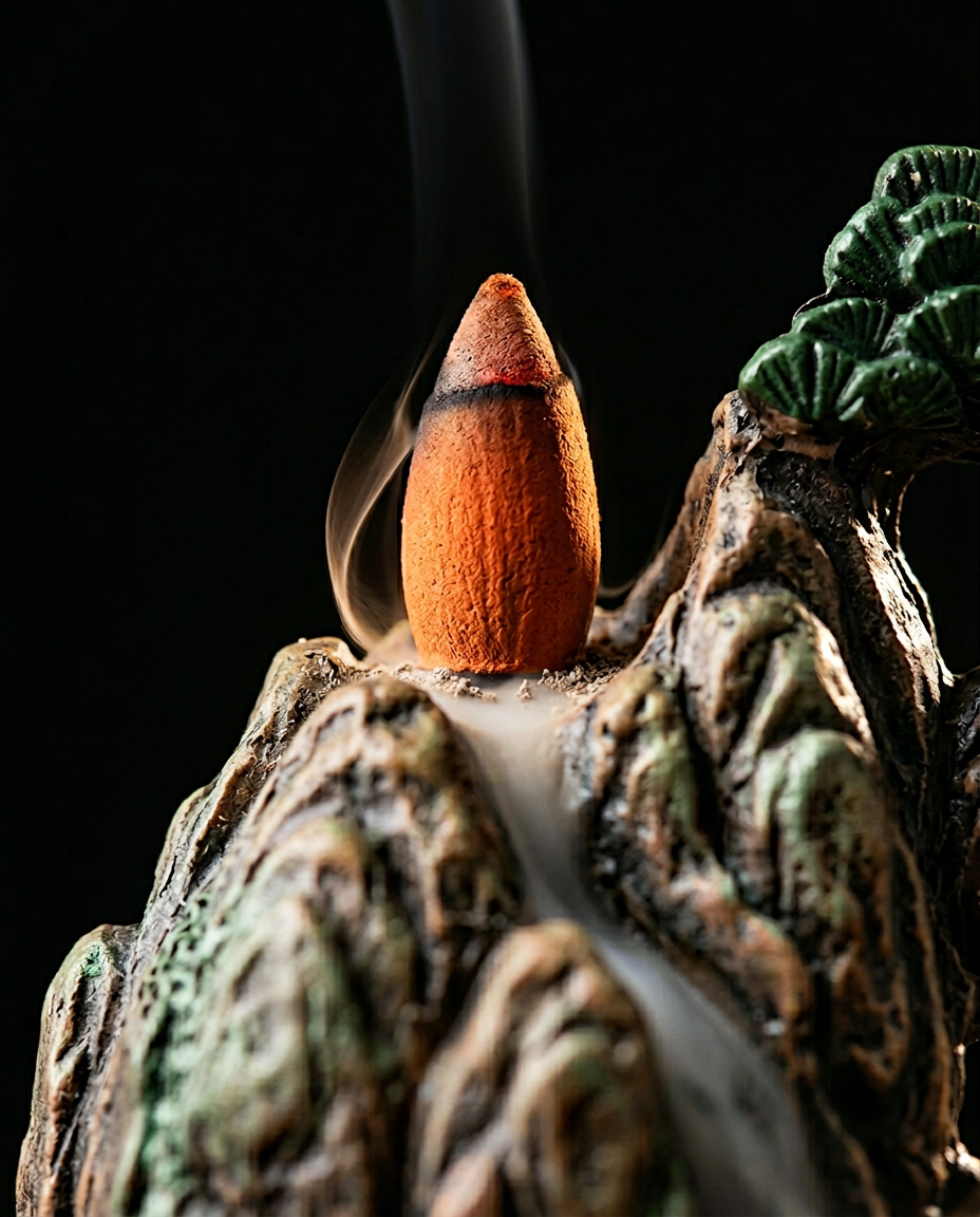Macro of a smoking backflow incense cone on the holder's summit