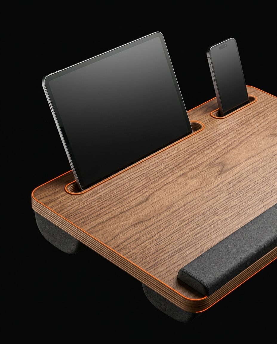 Tablet and phone propped in the lap desk's built-in device slots