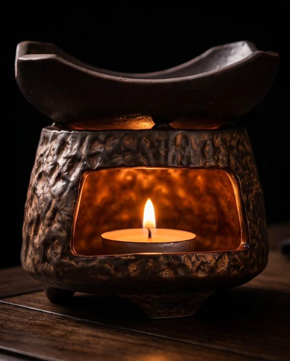 Tealight glowing inside the ceramic burner's chamber in the dark