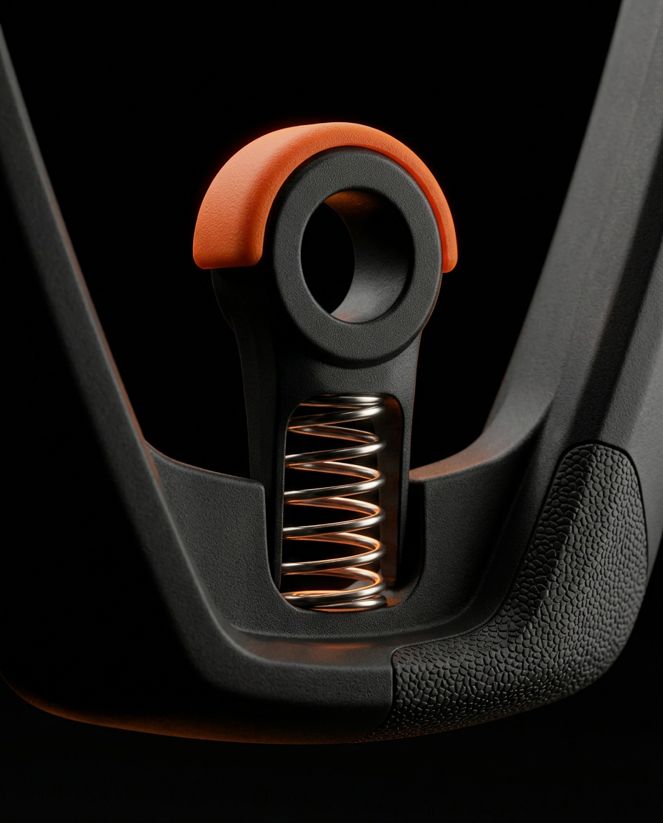 Close-up of the single thumb piston with orange ring and spring on the trainer