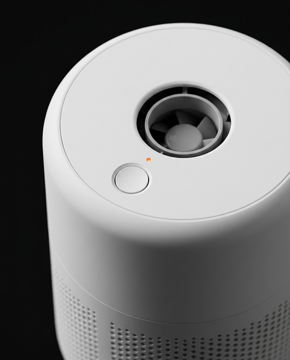 Macro of the top cap with power button and air outlet on the purifier