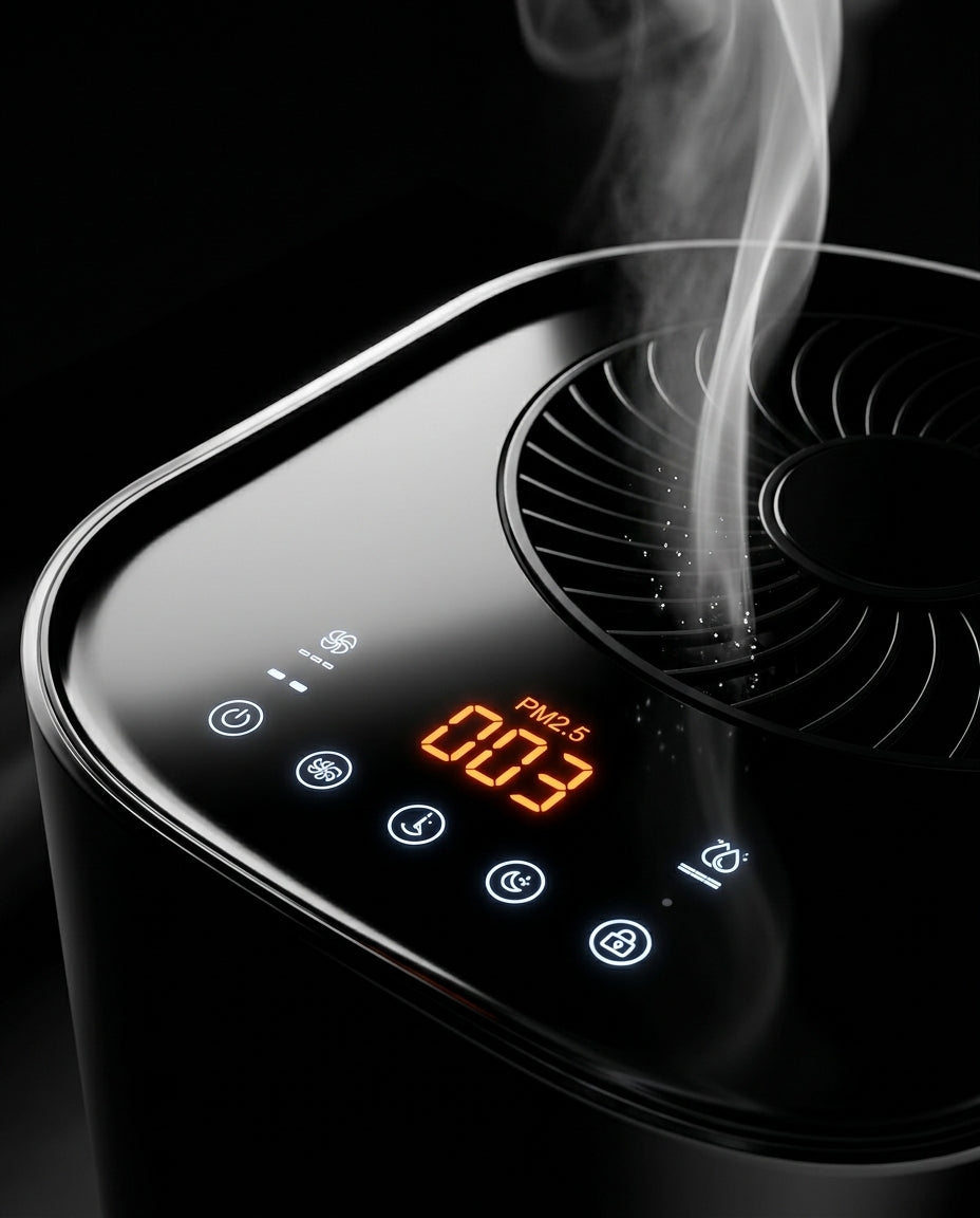 Close-up of the air purifier touch panel with PM2.5 display and rising vapor