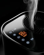 Close-up of the air purifier touch panel with PM2.5 display and rising vapor