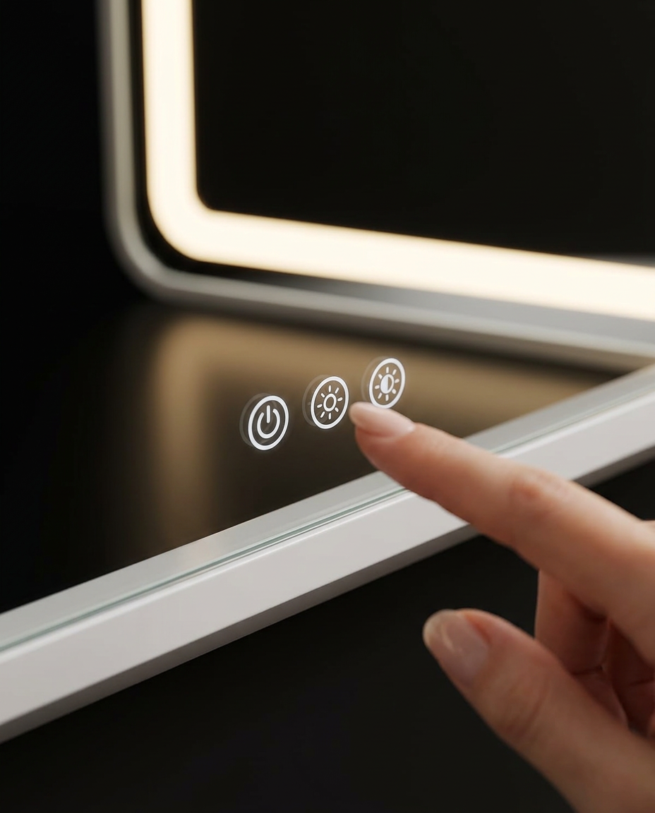 Finger tapping the LED vanity mirror's glowing power and brightness touch icons