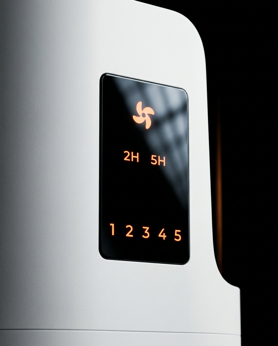 Macro of the brush cleaner's amber touch display showing fan icon and timer settings