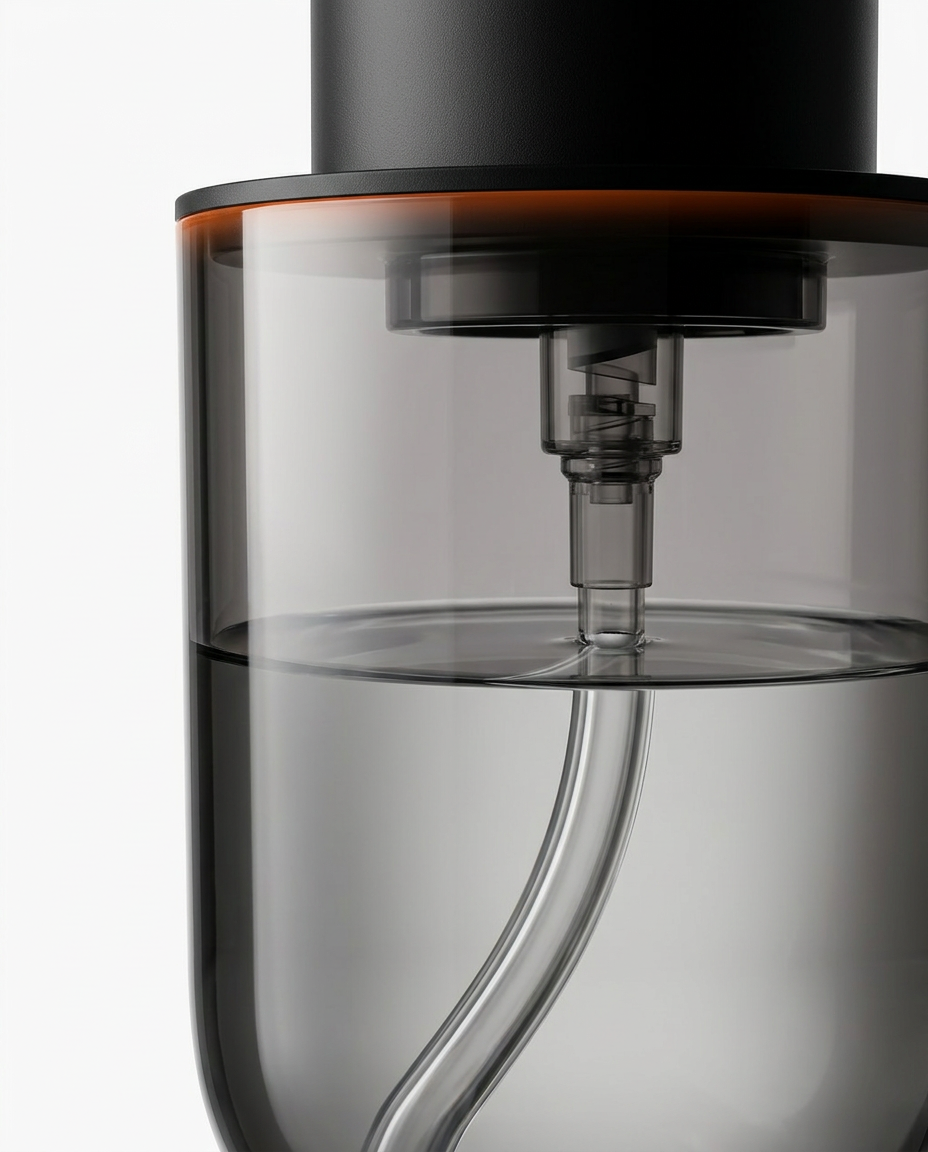 Close-up of the smoked transparent soap reservoir and internal tube
