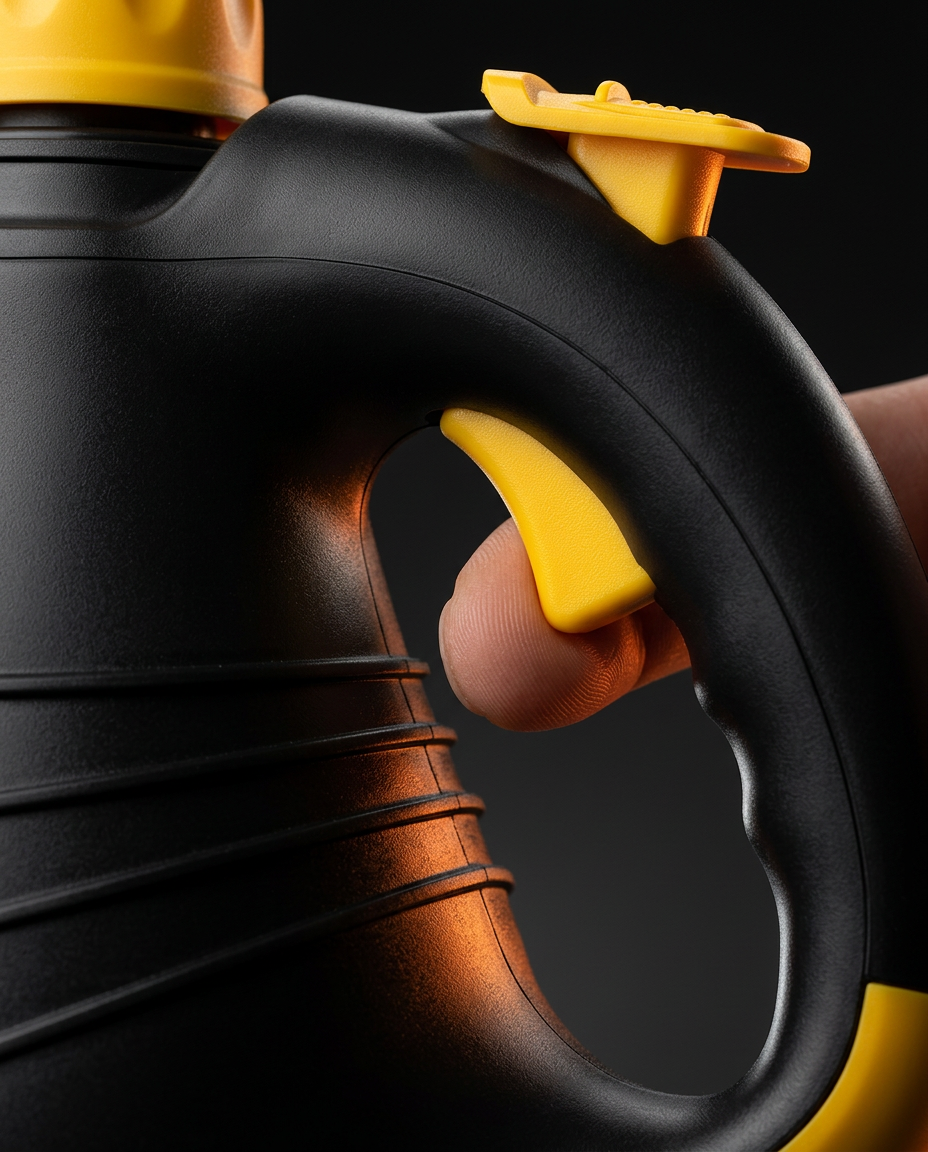 Close-up of a finger pressing the yellow steam trigger on the black grip