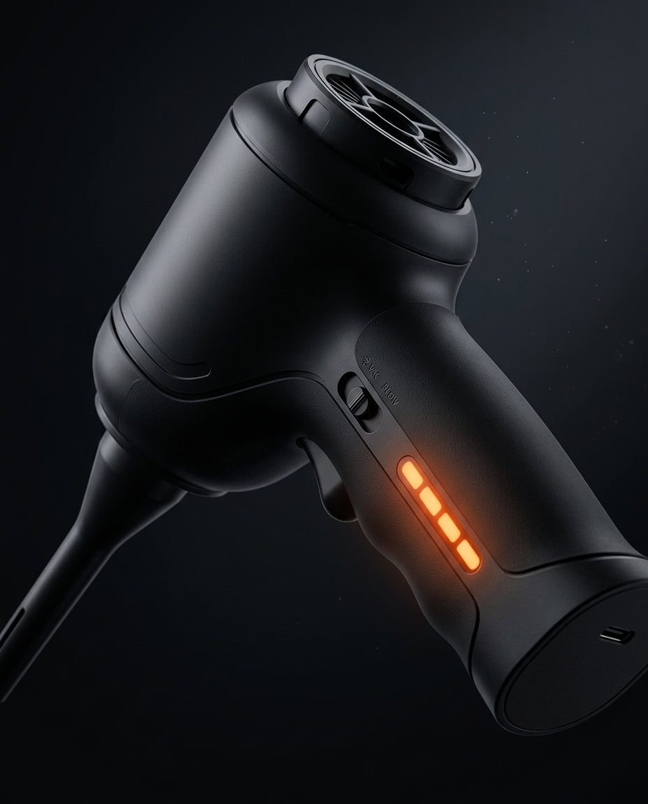 Macro of the cleaning tool's trigger, battery indicator lights and USB-C port