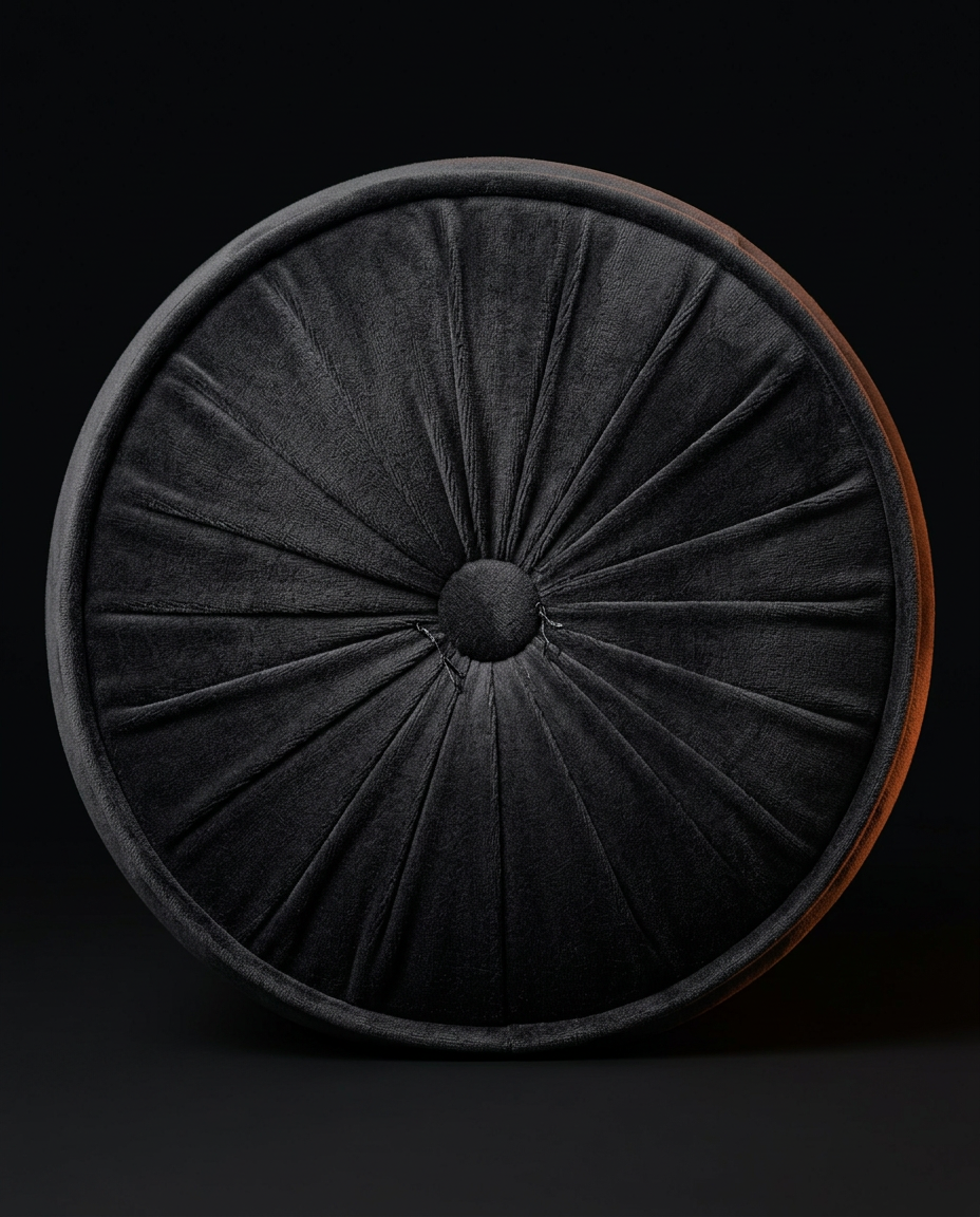 Tufted pleated end cap with center button on the round velvet bolster