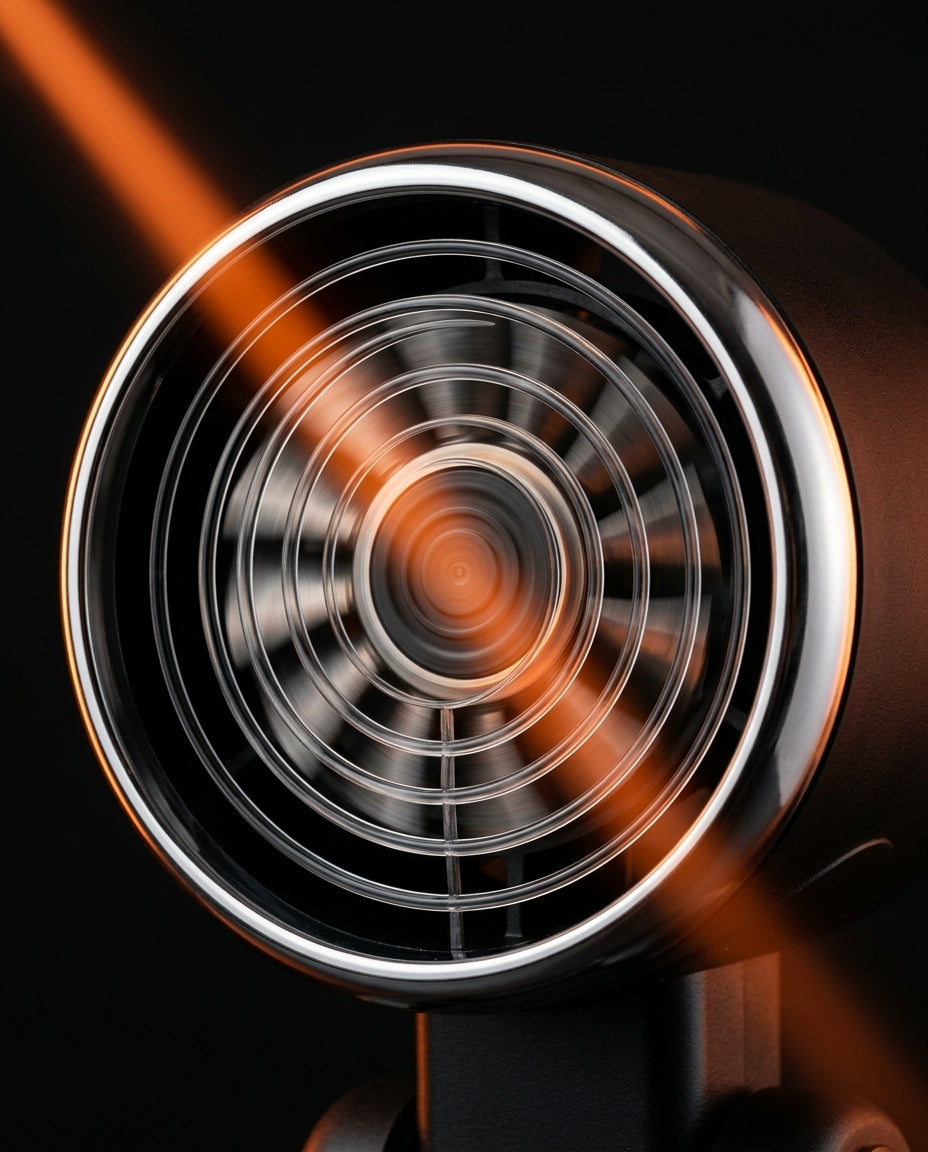 Close-up of spinning turbine blades and grille with orange airflow streaks