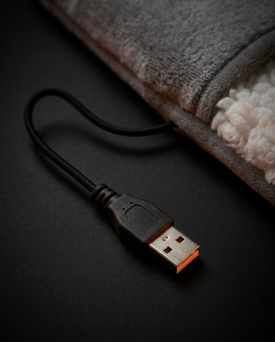 Close-up of the USB-A connector cable on the electric foot heating pad