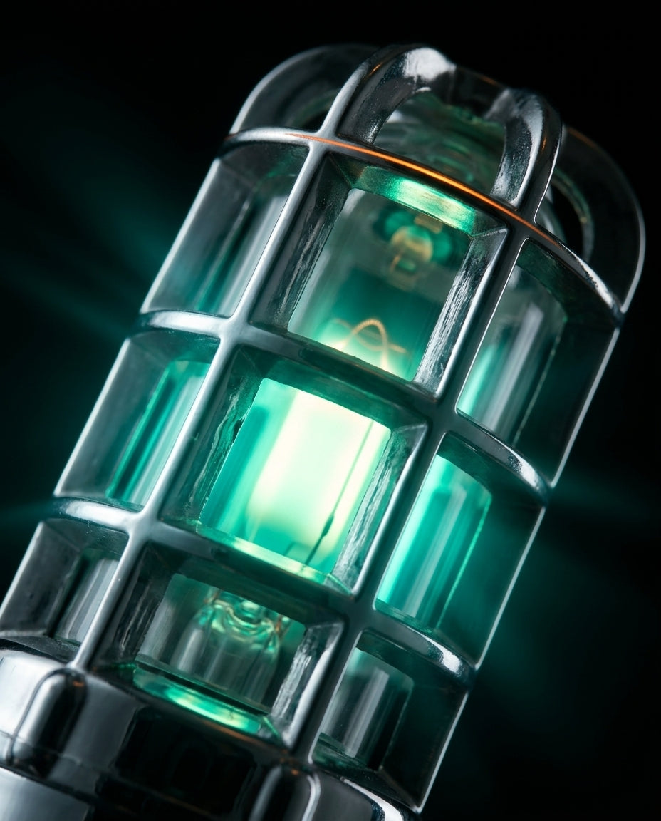 Close-up of the shoe dryer's caged UV element glowing green
