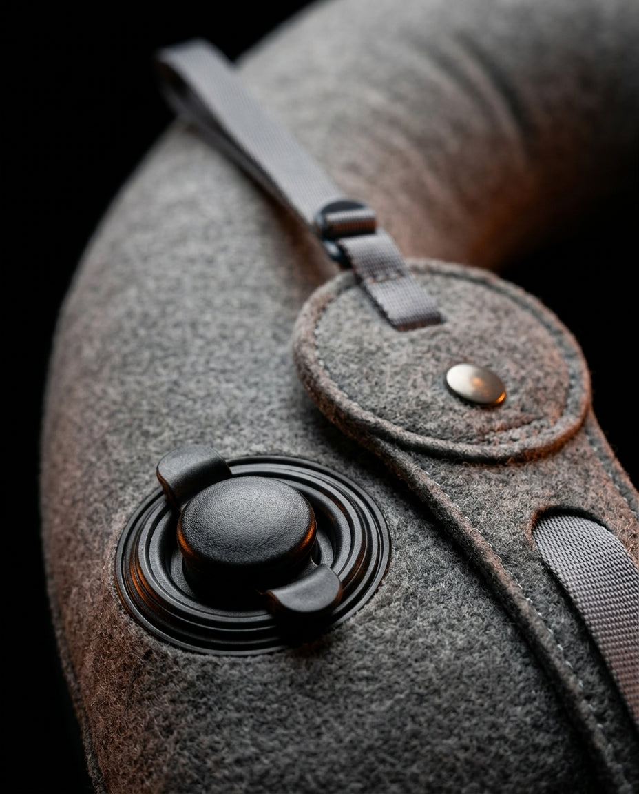 Close-up of the inflation valve and snap strap on the grey neck pillow