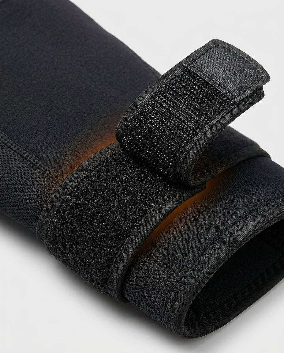 Macro of the adjustable hook-and-loop velcro strap on the elbow sleeve