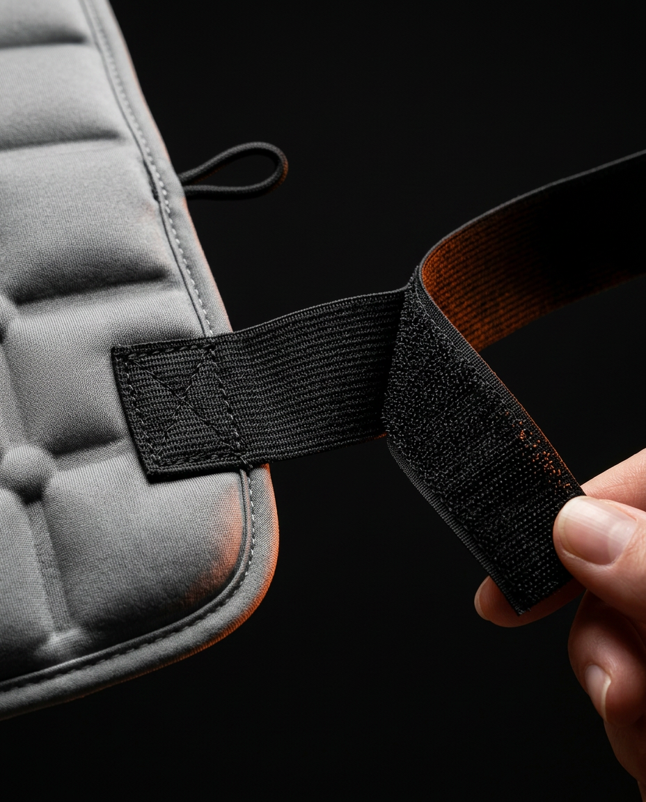 Hand fastening the black hook-and-loop strap on the grey gel pad