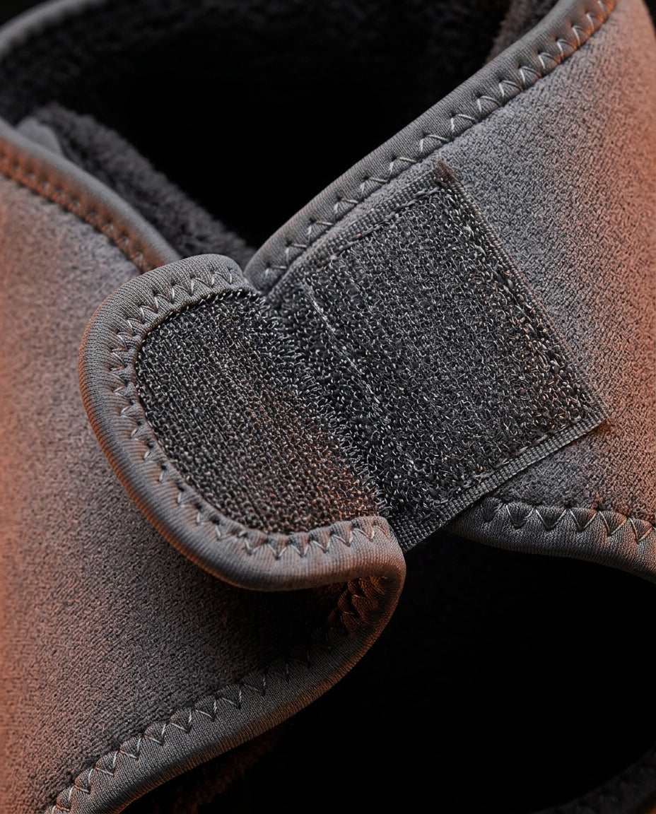 Close-up of the adjustable hook-and-loop Velcro strap on the grey massager wrap